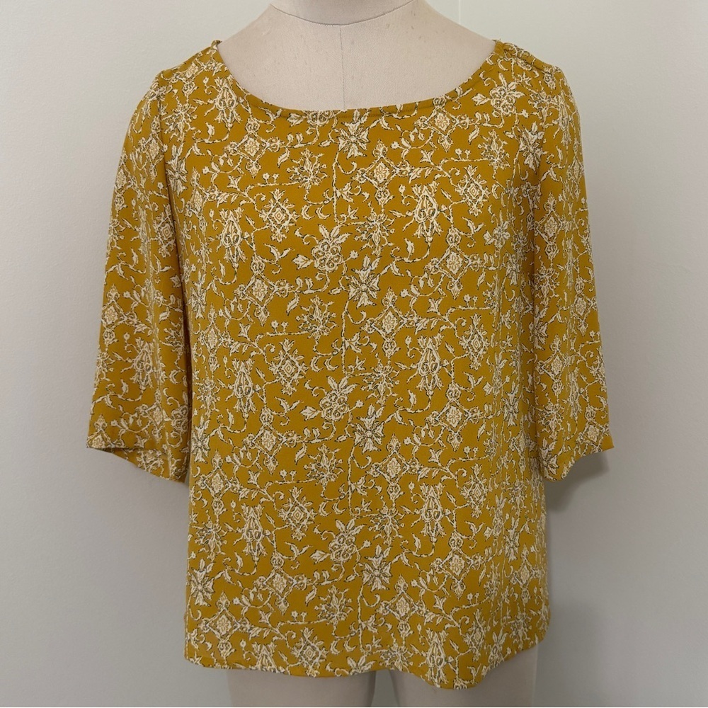 HD IN PARIS Anthropologie 0 Petite Top Blouse Yellow Flowers Peasant Relaxed 0P